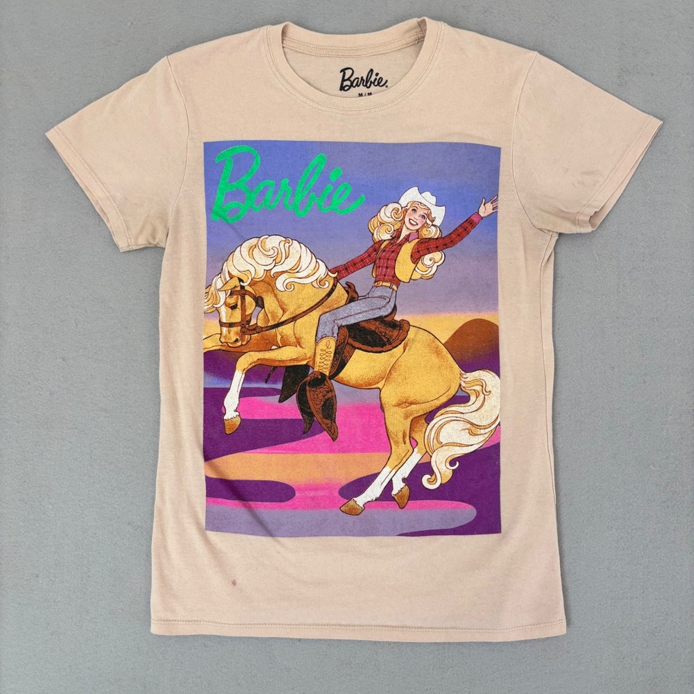 Barbie Western Horse Graphic T-Shirt Tan Beige Short Sleeve Crewneck Womens M